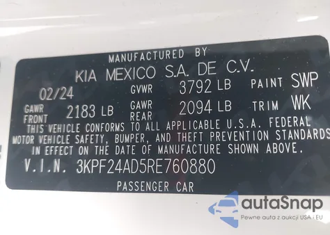 2024 Kia Forte Lxs z USA, uszkodzony, nr VIN 3KPF24AD5RE760880